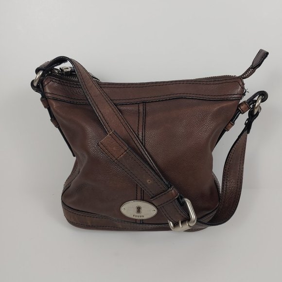 Fossil Handbags - Fossil Maddox Brown Pebbled Leather Zip Closure Bucket Shoulder Bag